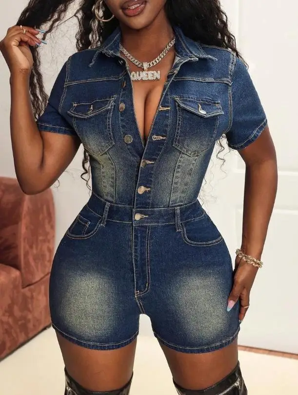 

Jumpsuit Women 2025 Spring New Solid Color Turn-Down Collar Short Sleeved Slim Fit Pocket Design High Waist Casual Denim Romper