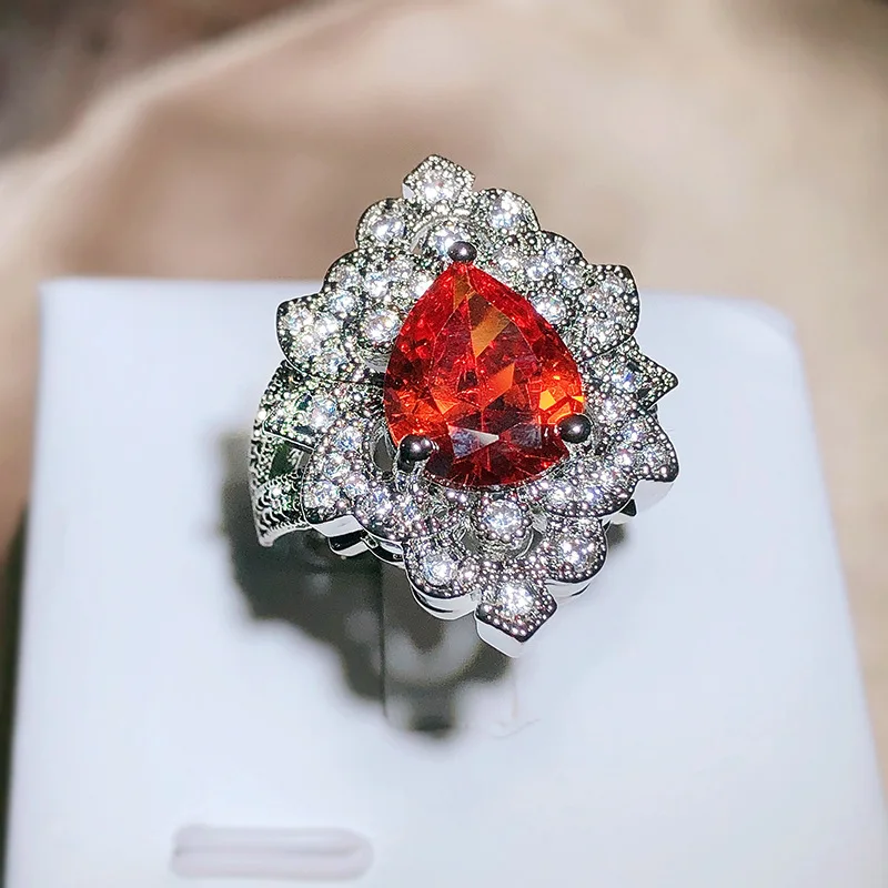 

2022 NEW Fashion Floral Oval Champagne Orange Full Diamond Couple Ring For Women Geometric Engagement Bridal Gift Party Jewelry