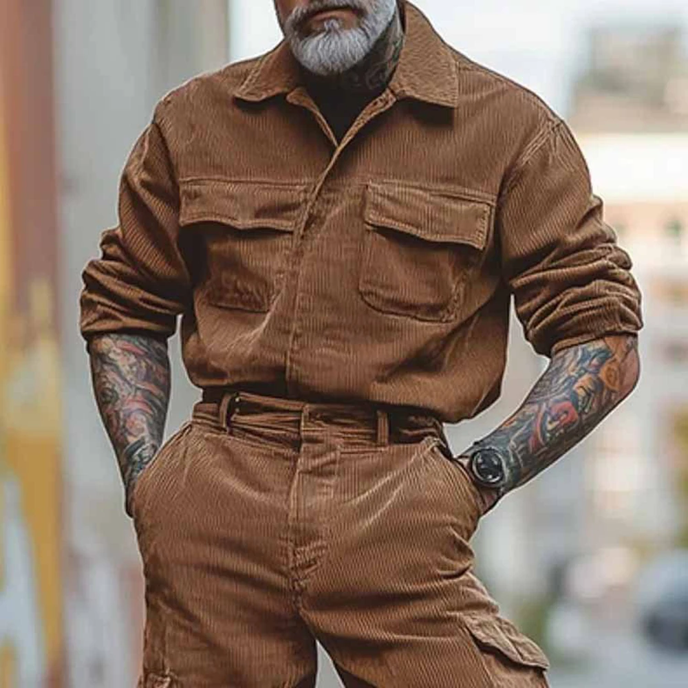 Mens Solid Color Ah Mei Khaki Workwear Clothing Autumn And Winter Fashion Trend Leisure Suit Long-Sleeved Jumpsuit Trousers Men