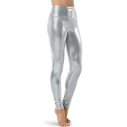 LZCMsoft-Leggings metálicos brillantes plateados para mujer, pantalones largos de cintura alta, lápiz de piel, actuación en escenario