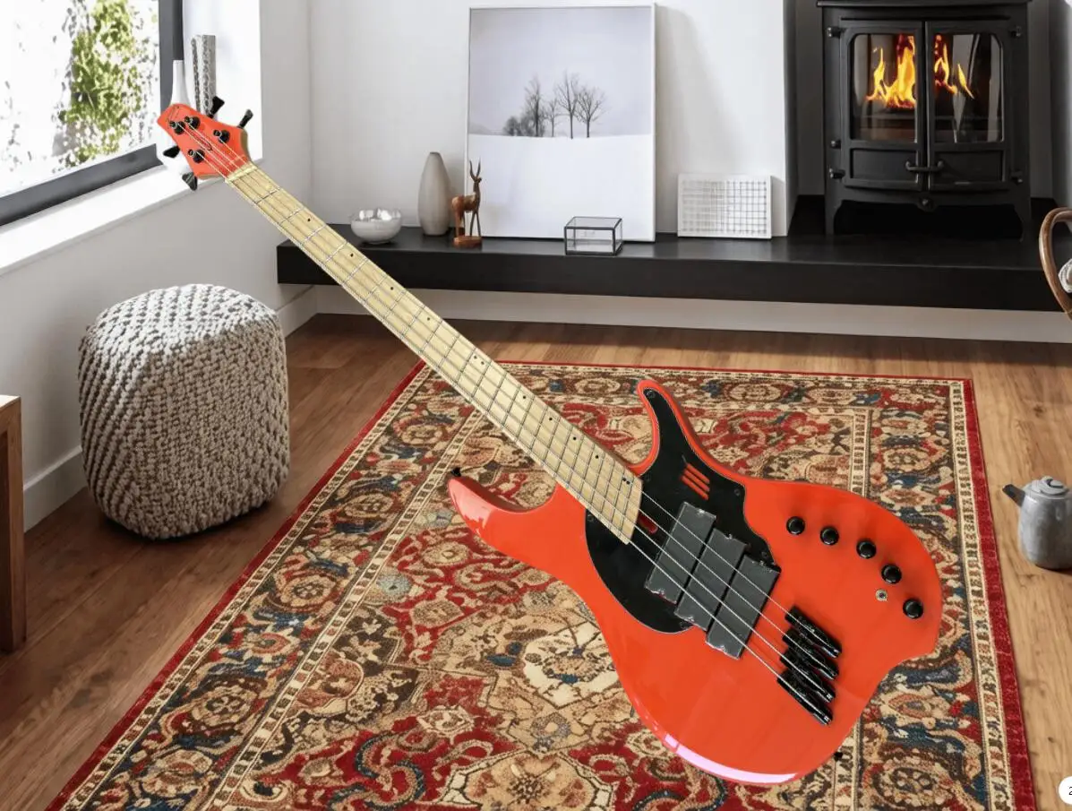 4 string orange bass guitar, fixed bridge, solid wood body, maple neck, active , mini switch, DingW bass, customizable