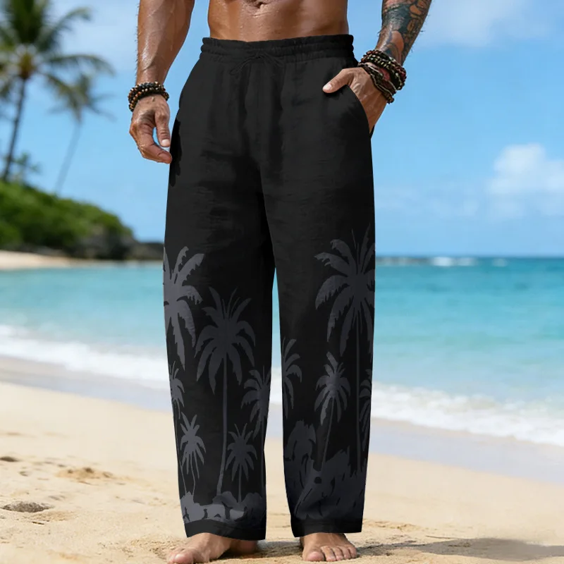 

Men's Cotton Linen Loose Pants Hawaiian Style Coconut Tree Print Lightweight Casual Straight Leg Beach Pants