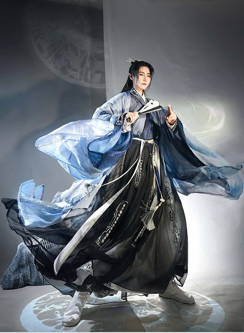 Gradient Blue Hanfu Men&Womne Ancient Chinese Hanfu Black Set Halloween Cosplay Costume Hanfu Jacket For Men Women Plus Size 3XL