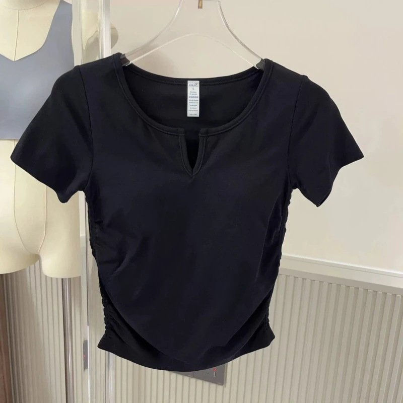 Nahtloser V-Ausschnitt mit BH-Pads, kurzärmeliges, dünnes, schlankes, einteiliges T-Shirt für Damen, Yoga-Kleidung, Fitness-Tops für Damen