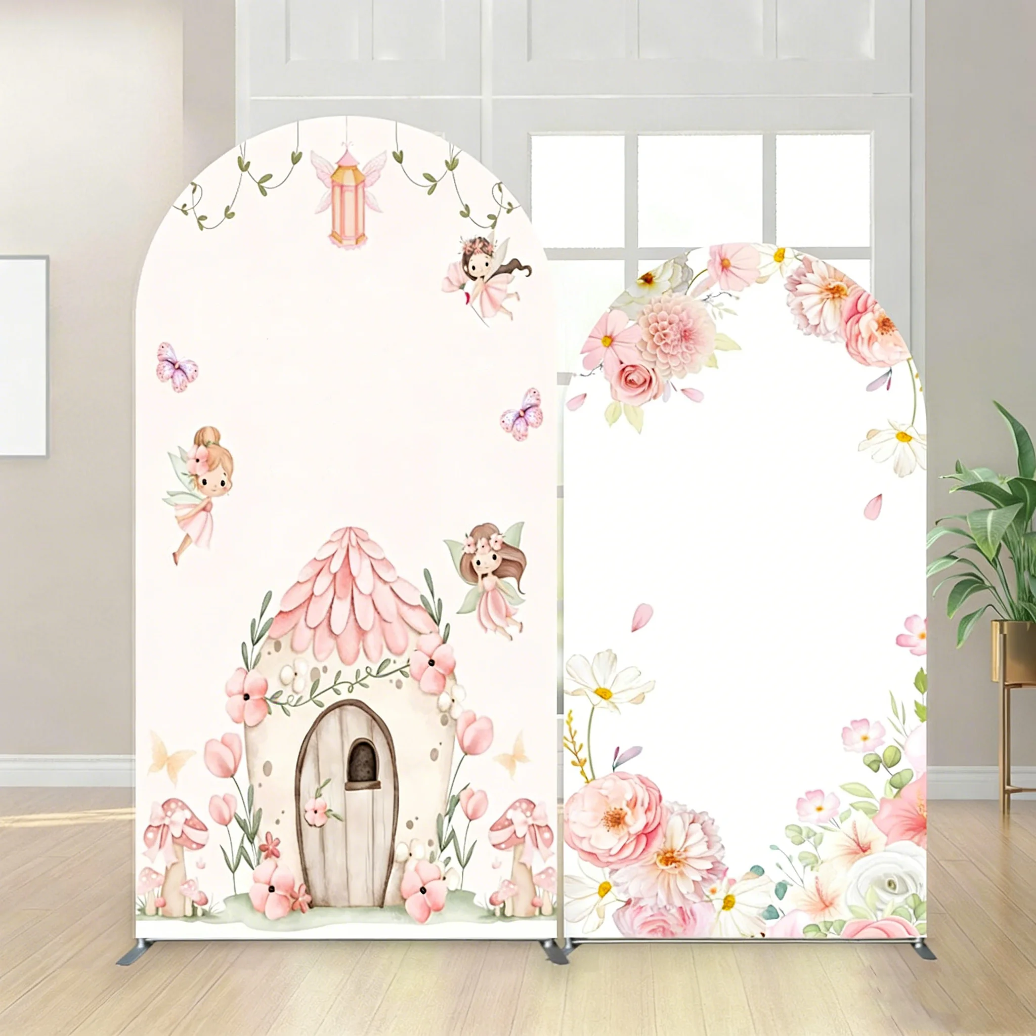

LS Fairy Girl 1st Birthday Party Arch Backdrop Photography Pink Fairytale Mushroom House Floral Backdrop Custom Photobooth