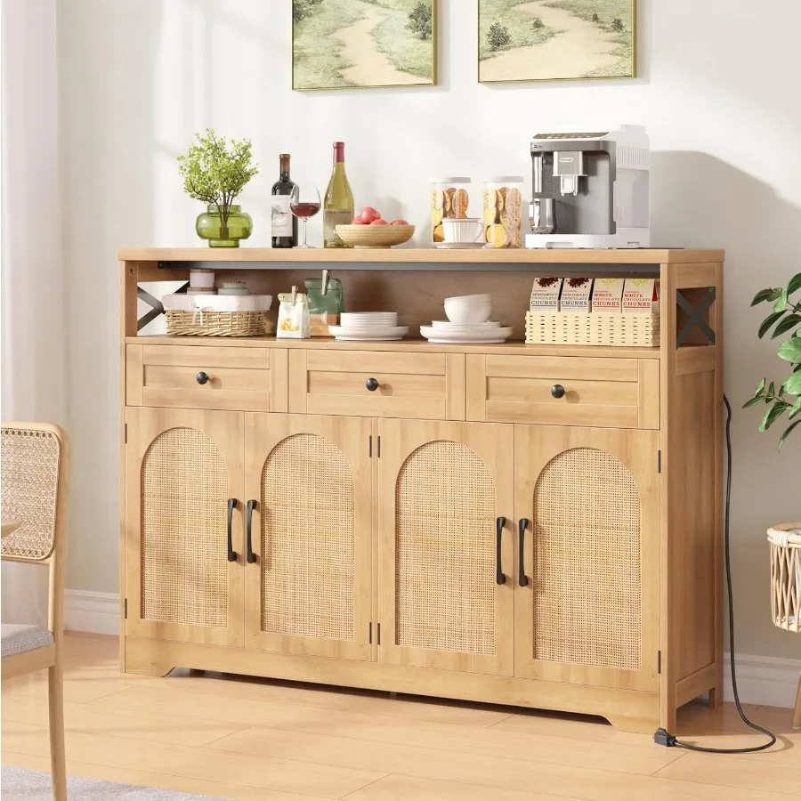 47''W Rattan Buffet Sideboard Boho Storage Cabinet with 3 Drawers and Adjustable Shelves Farmhouse Coffee Bar Station Microwave