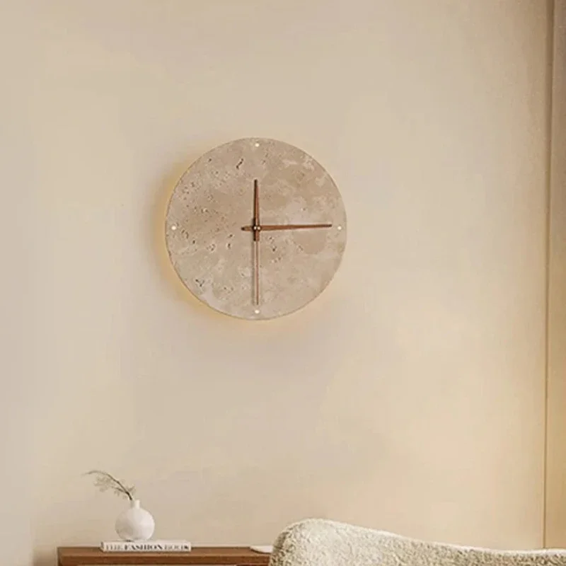Modern Creative Clock Living Room Wabi Sabi Wall Lamp Nordic Simple Yellow Travertine Restaurant Corridor Circular Sconce Light