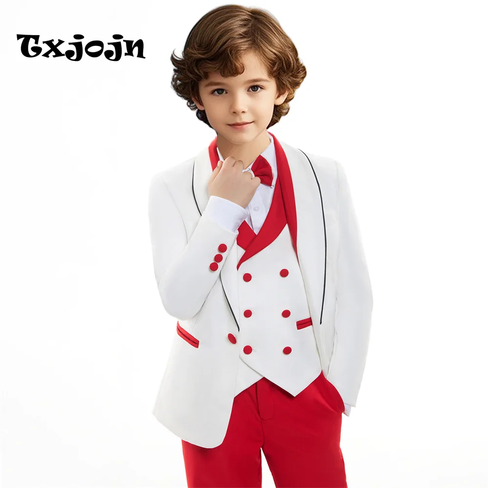 New Popular Red Kids Suit Set For New Year Christmas Party Handsome Child Tuxedo 4 Pieces Classy Boy Suits Wedding Party