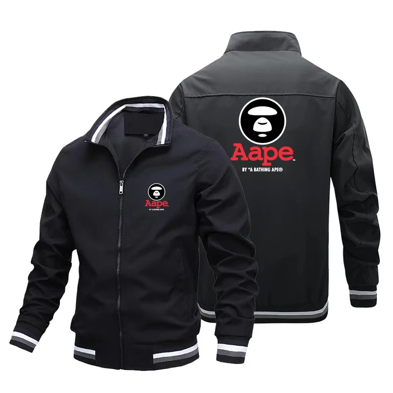 

Men Aape Letter Print Stand Collar Zip Jacket Unisex Streetwear Rib Cuff Baseball Coat Spring Autumn Casual Windproof Outerwear