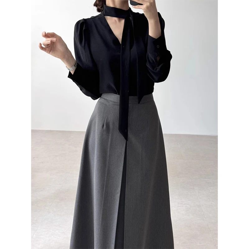 Ele V-Ne Sa irt Top And Pleated  Skirt Set Women's Faion Autumn New Arrival Cotton Blend Two-Piece Suit