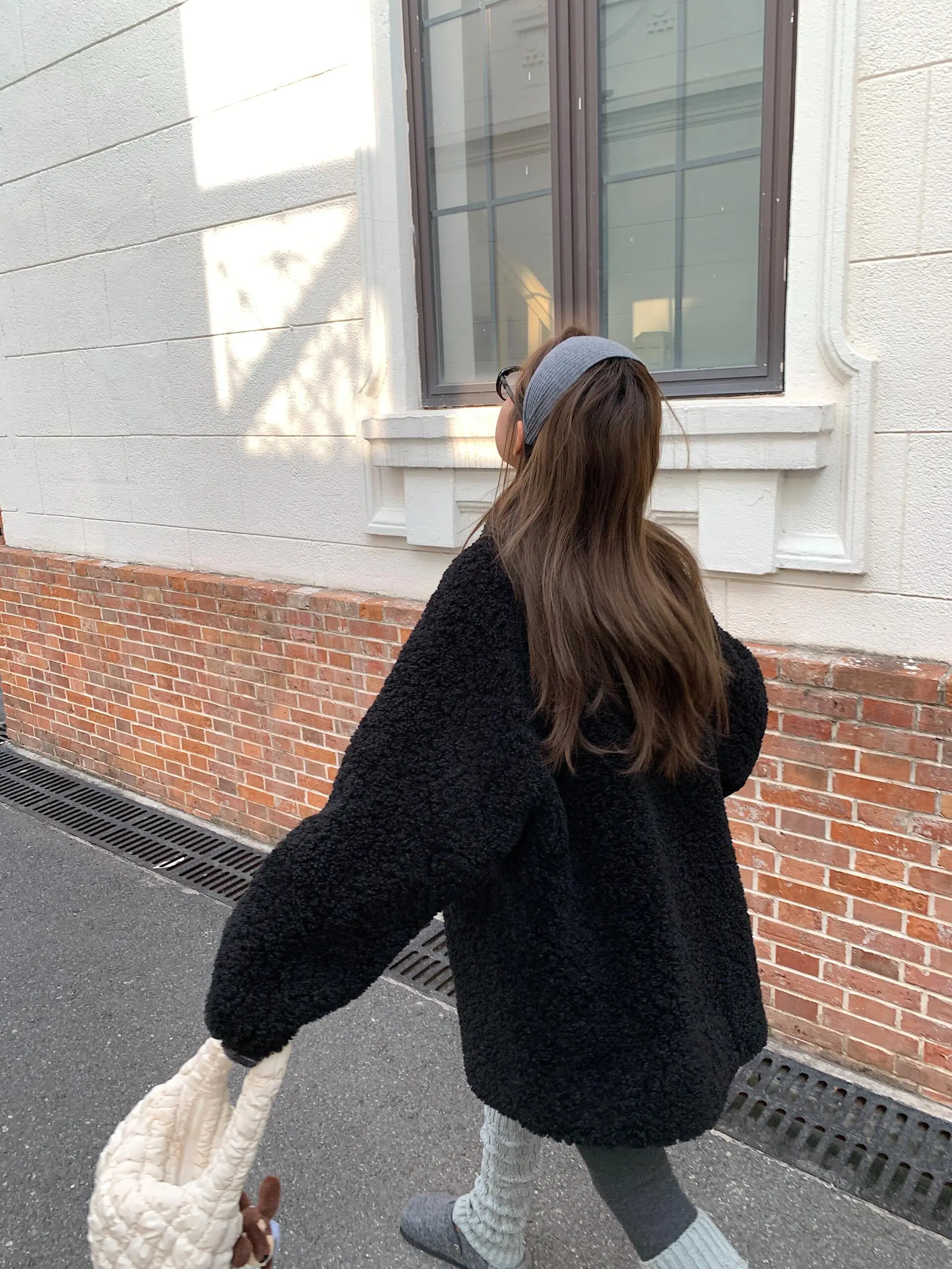 Retro Sle Lammfell Jaet Damen Stehkragen Mittellanger einteiliger Mantel Umweltfreundlicher Kunstfell Warmer bequemer Mantel