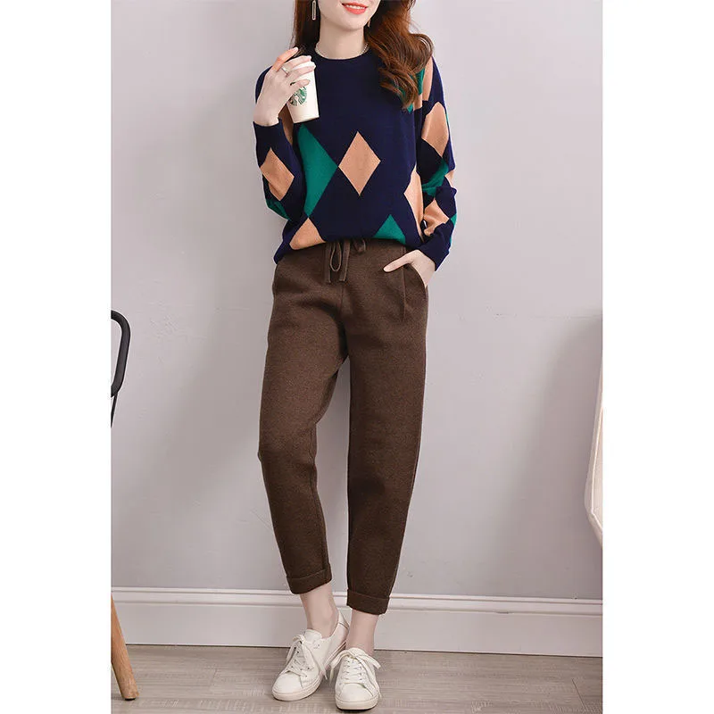 New Korean Version Diamond Plaid Round Neck Sweater Base Thickened Patterns Retro Warmth Trendy Versatile Long Sleeved Knit Top