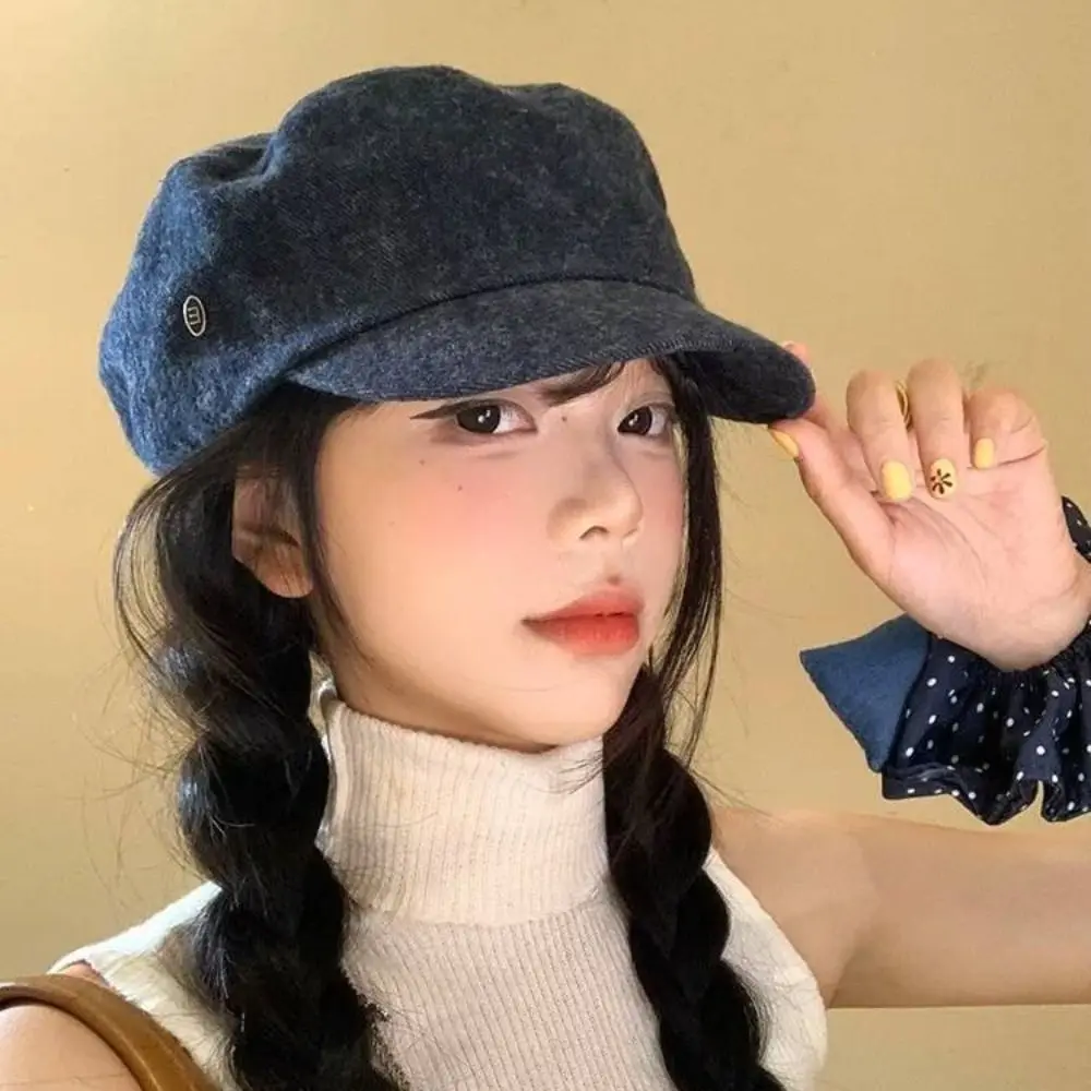 

Casual Vintage Demin Beret Flat Brim Y2k British Style Painter Cap Versatile Artist Octagonal Hat Streetwear