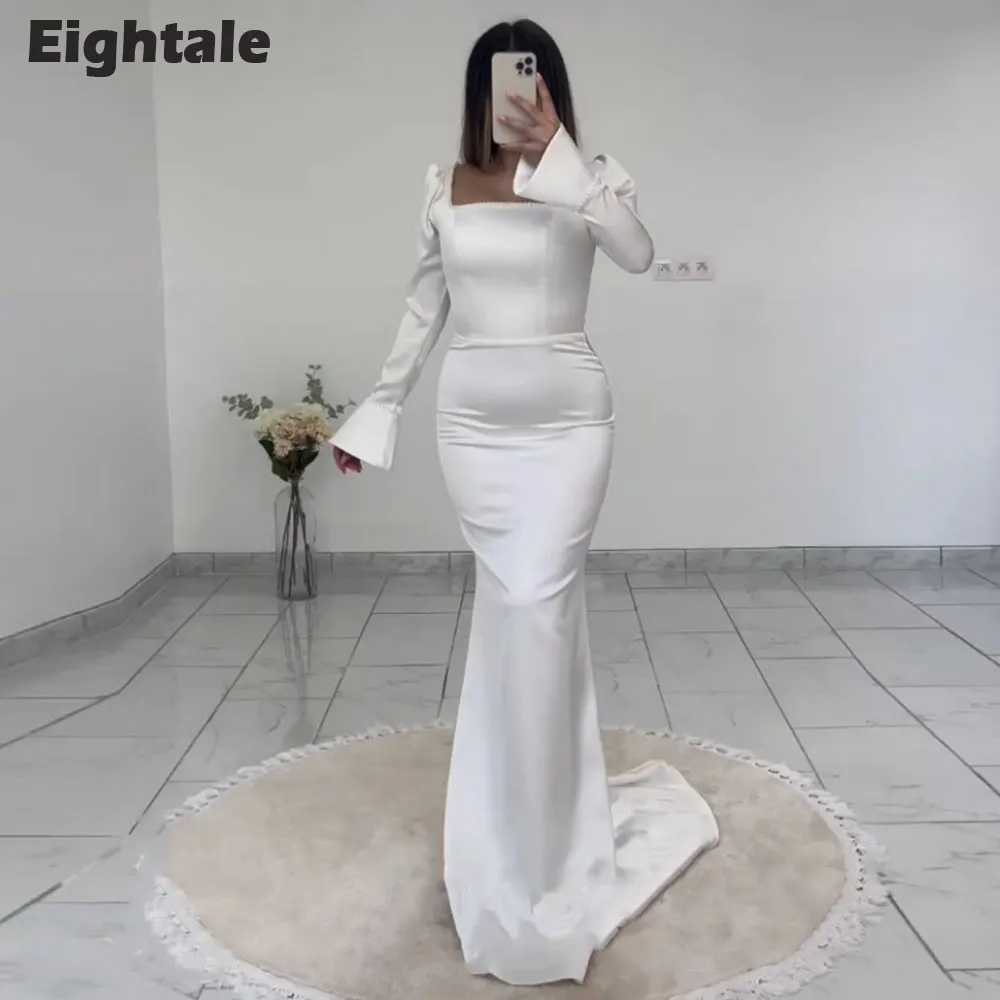 

Eightale Arabic Evening Dress Satin Long Sleeves Mermaid Prom Gowns Formal Celebrity Wedding Party Dress Vestidos De Noch