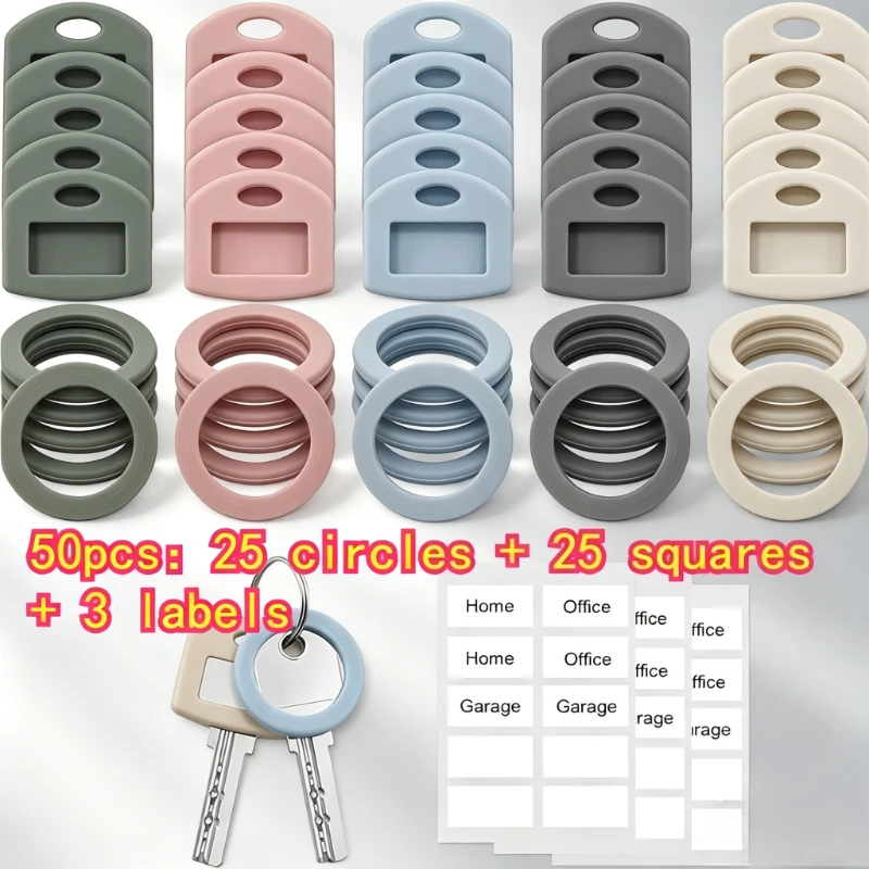 50 Packs Silicone Key Caps with Labels, Color-Coded Key Head Protectors for Home Office Door Keys, Key Identifier Tags Organizer