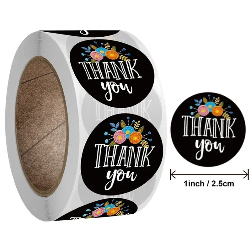 Delicate Flower Floral Designs Black Thank You Stickers 500 Labels for Local Shopping Shop Small Business Handmade Baking Decor