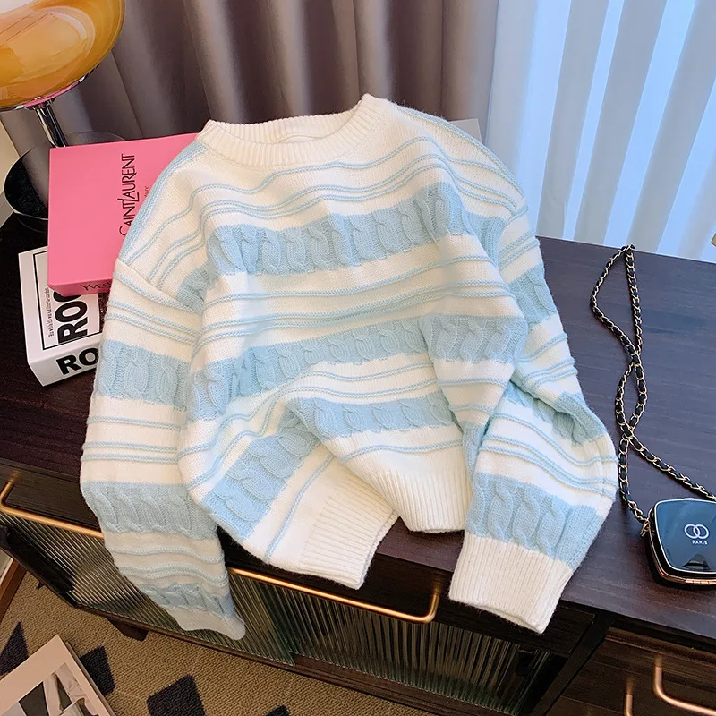 

Striped French Cream Sweater Women's Autumn/Winter New Loose Lazy Style Knitted Jacket Top