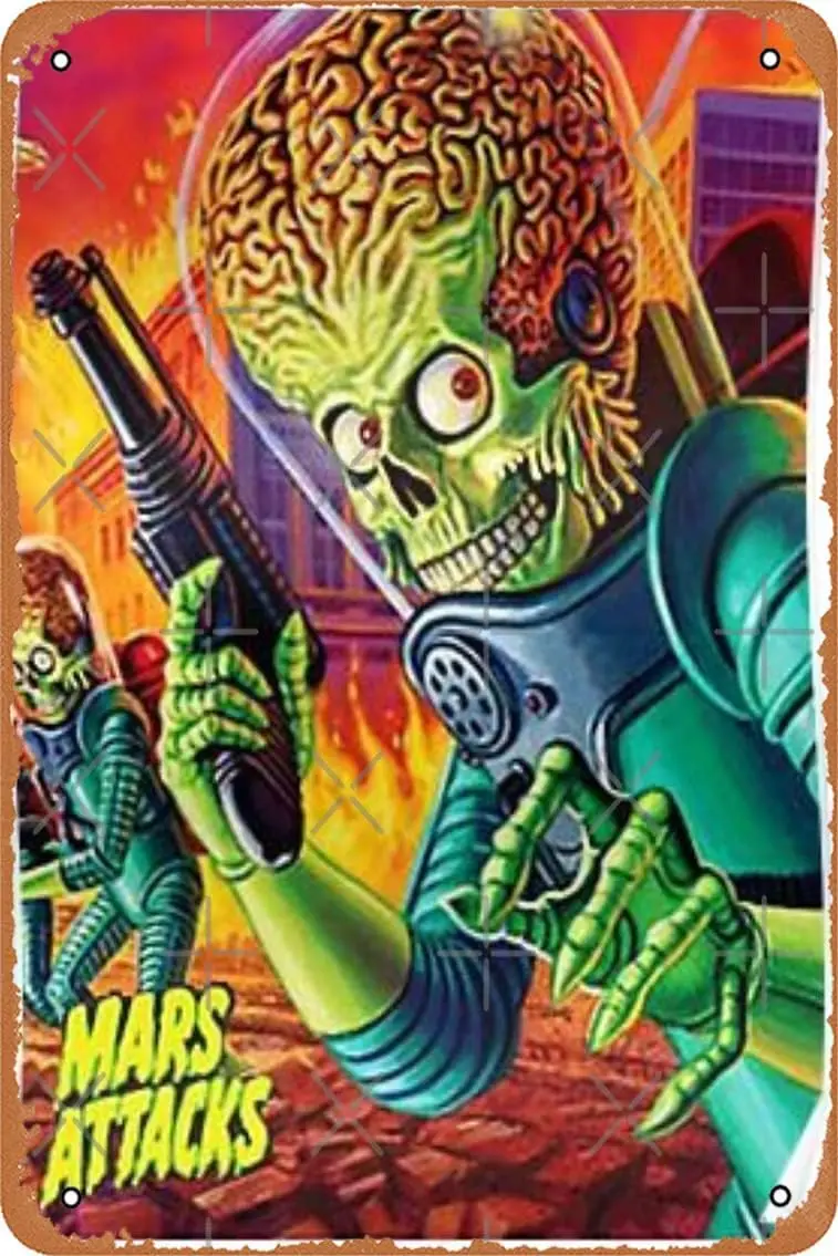 Yzixulet Attacks, green alien Poster Vintage ; Metal Tin Sign Funny Man Cave Decor