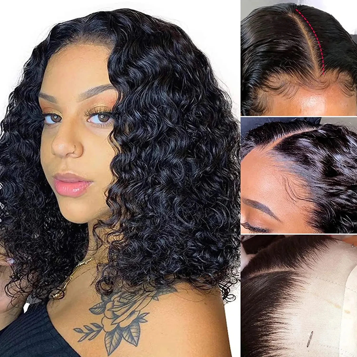 Perruque Bob Lace Front Wig brésilienne naturelle, cheveux courts bouclés, Deep Wave, noir, # 1B, 13x4