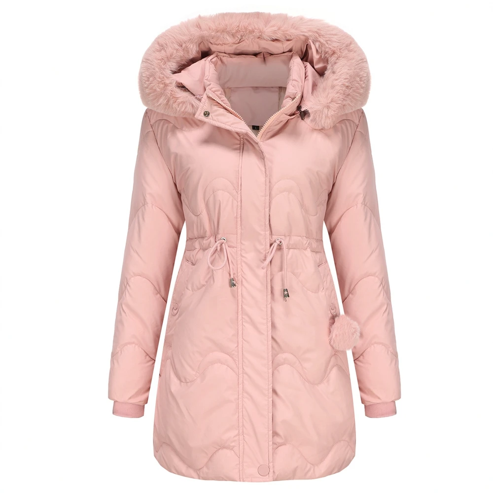 Women's Cotton-Padded Parka Coat Mid-Length Autumn Winter Warm Outerwear with Detachable Hat Wool Material