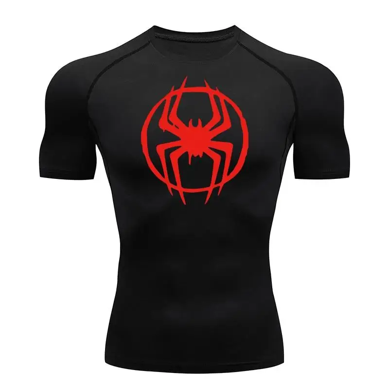 Men's Spider Pattern Compression T-Shirt Quick Drying Sports Short Sleeve Running Gym Training Shirt