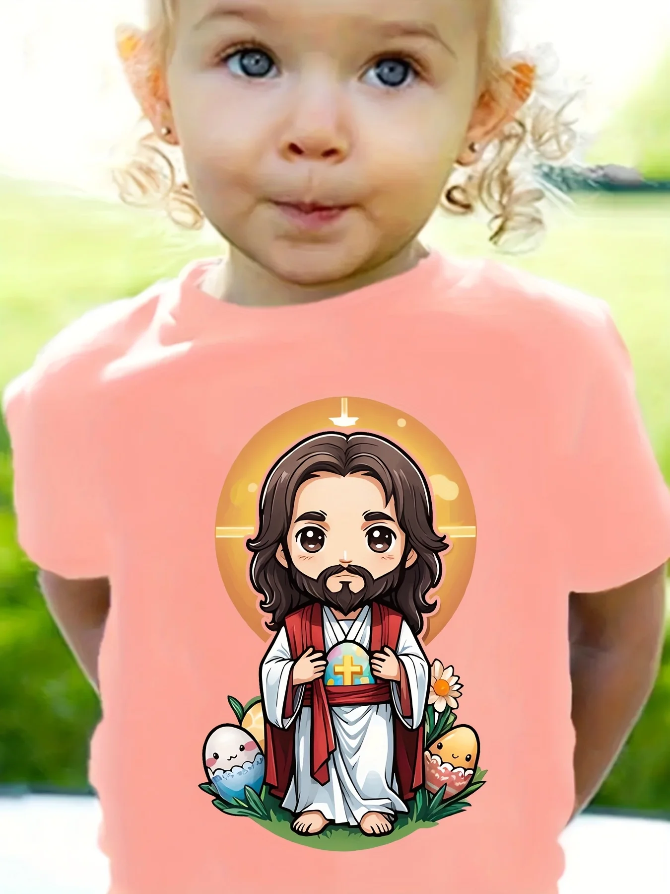 Easter Jesus Cartoon Egg Floral Print Boys Girls Family Matching Tee Soft Kids Parent Short Sleeve Daily Casual Comfort T Shirt