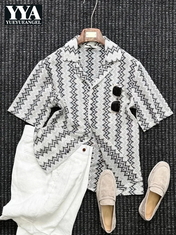 

Vintage Summer Mens Striped Shirt Short Sleeve Loose Fit Single Breasted Hawaii Tops Hollow Out Breathable Casual Shirts Male