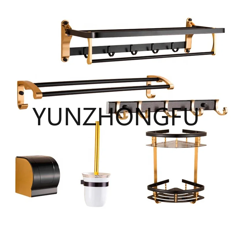 Factory Towel Rack Free Punching Black Gold Alumimum Bathroom Accessories Set Bathroom Bathroom Shelf Hardware Set