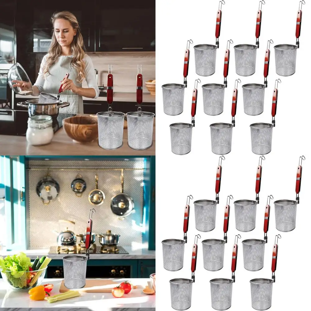 

Red Brown 5.2 Stainless Steel Pasta Basket with Wooden Handle for Kitchen Noodle and Dumpling Cooking