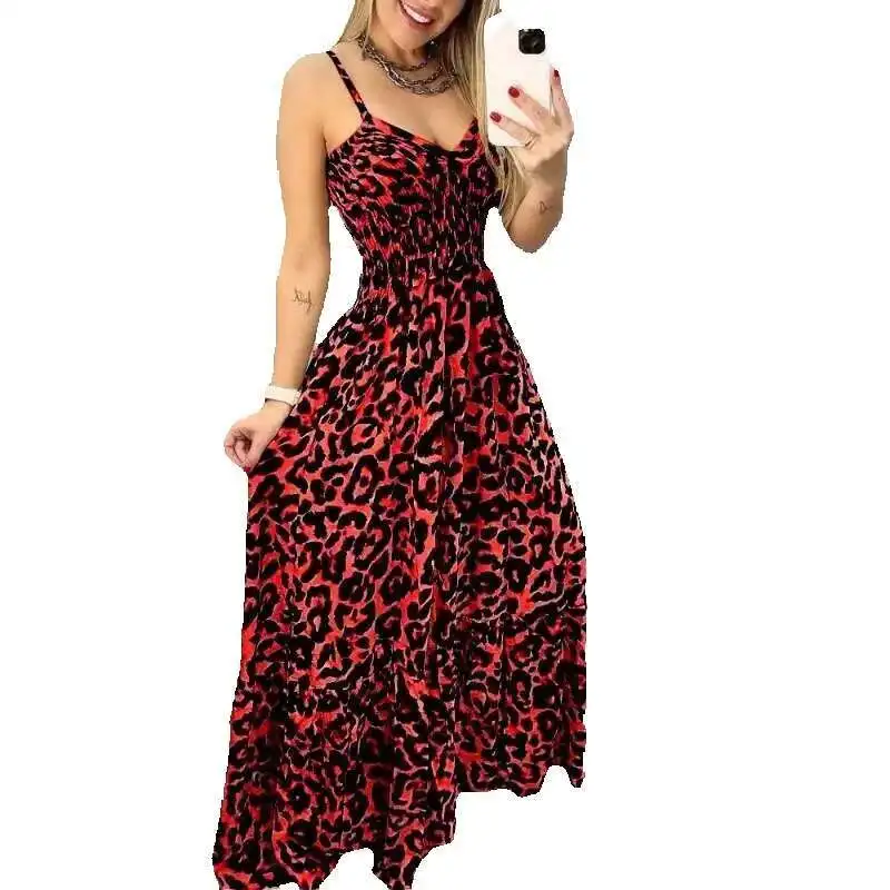 Summer Sexy Fashion Sleeveless Maxileopard Print Camis Women V-Neck Brace Elasticity High-Waisted Long Dress