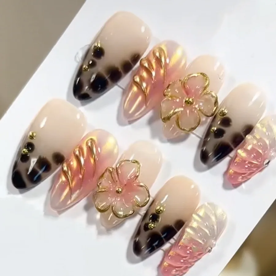 

24PCS Luxury Fake Nails Gentle Blush Ombre Almond Press on Nails with 3D Floral Gold Steel Beads Design Sweet Removable Manicure