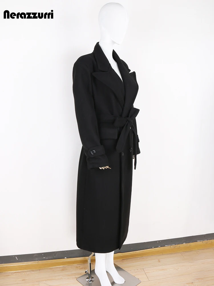Nerazzurri Autumn Winter Long Thick Warm Black Woolen Coat Women Sashes Double Breasted Chic Loose Casual Wool & Blends Overcoat