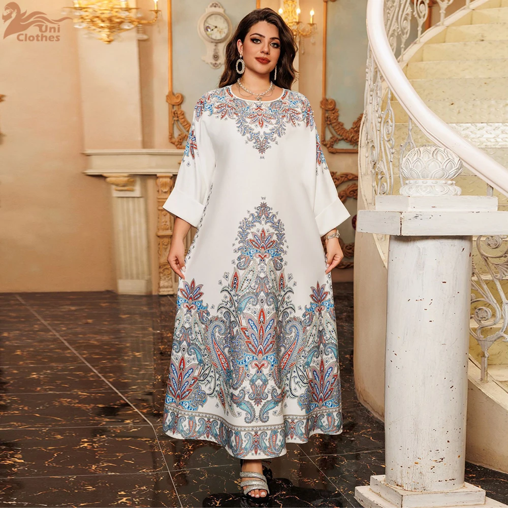 Uni Fashion Kaftan Abaya Dubai Islam Muslim Beading and Diamonds Floral Print Crew Neck Long Sleeve Loose Islamic Long Dress