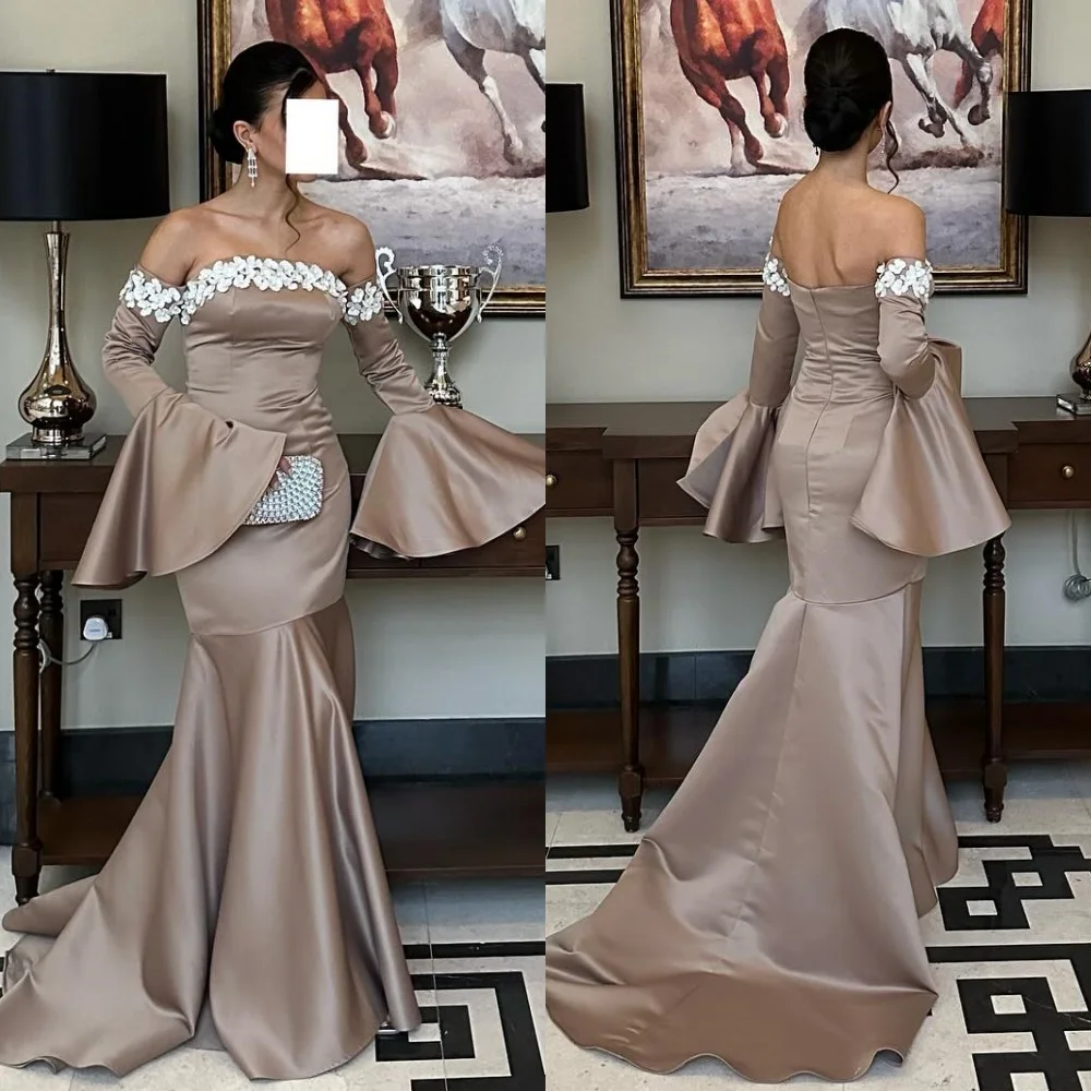 

Jiayigong Prom Satin Applique Ruffles Engagement Mermaid Off-the-shoulder Bespoke Occasion Gown Long Dresses