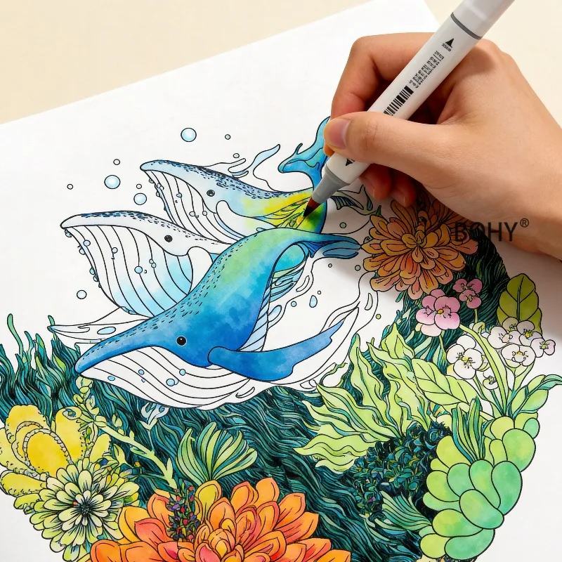1 Adult Stress Relieving Animal Mandala Coloring and Drawing Album, 24 Page Large Sketchbook, Colored Lead Hand Drawn Coloring