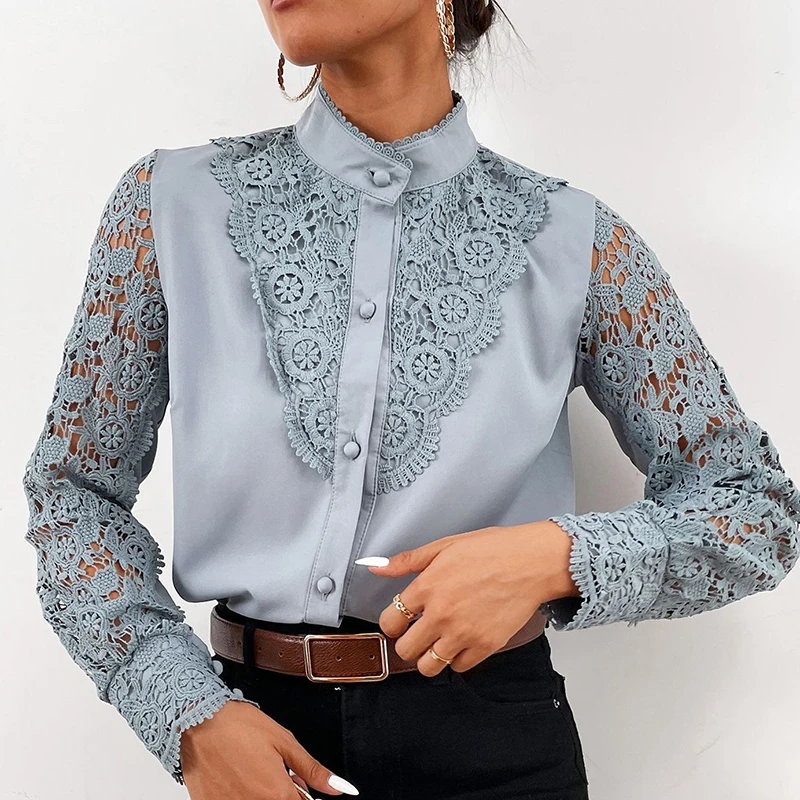 Women Elegant Embroidery Lace Blouse Shirt 2021 Spring Casual Long Sleeve Stand Collar Tops Office Lady Solid Color Blouse