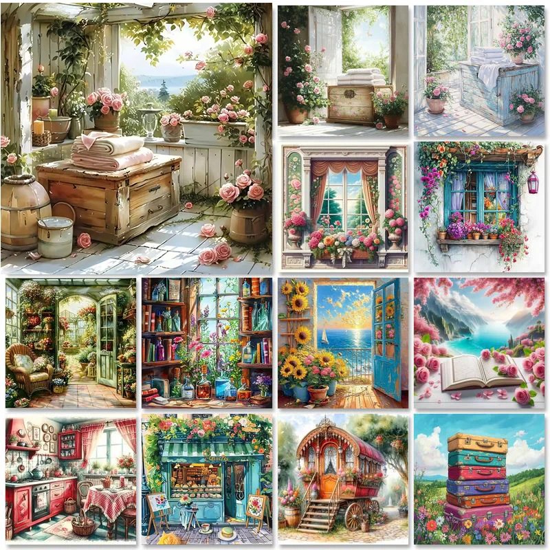 GATYZTORY Diamant-Malerei-Set, originelles Geschenk, Bastelsets für Anfänger, Fensterbank-Landschaft, komplett quadratisch, Bastelgeschenk