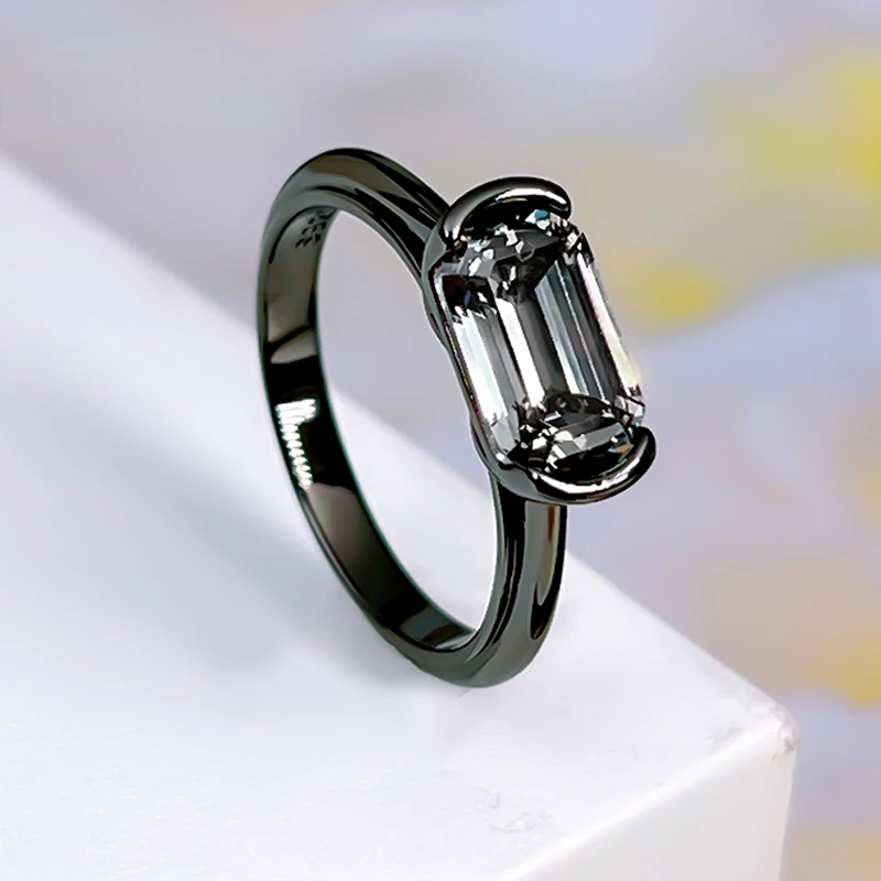 Black Gold Pillow 925 Silver Emerald Cut Ring Set with High Carbon Diamond Instagram for Cool and Simple Women