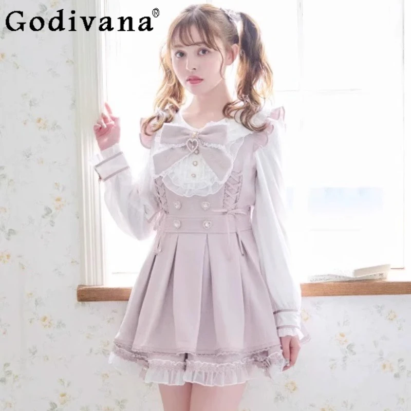 

Liz Dress Set Japanese Sweet Cute Lace Splicing Long-sleeved Dress Shorts 2-piece Set Autumn New Mine Lolita Top Shorts Outifits