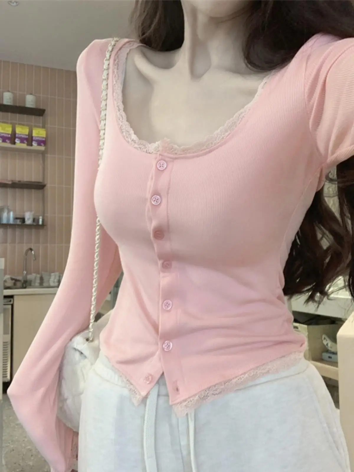 بلوزة نسائية أنيقة بأكمام طويلة وياقة مربعة مع تطريز دانتيل، تصميم كوري للارتداء اليومي بلون واحد لفصلي الربيع والخريف #5