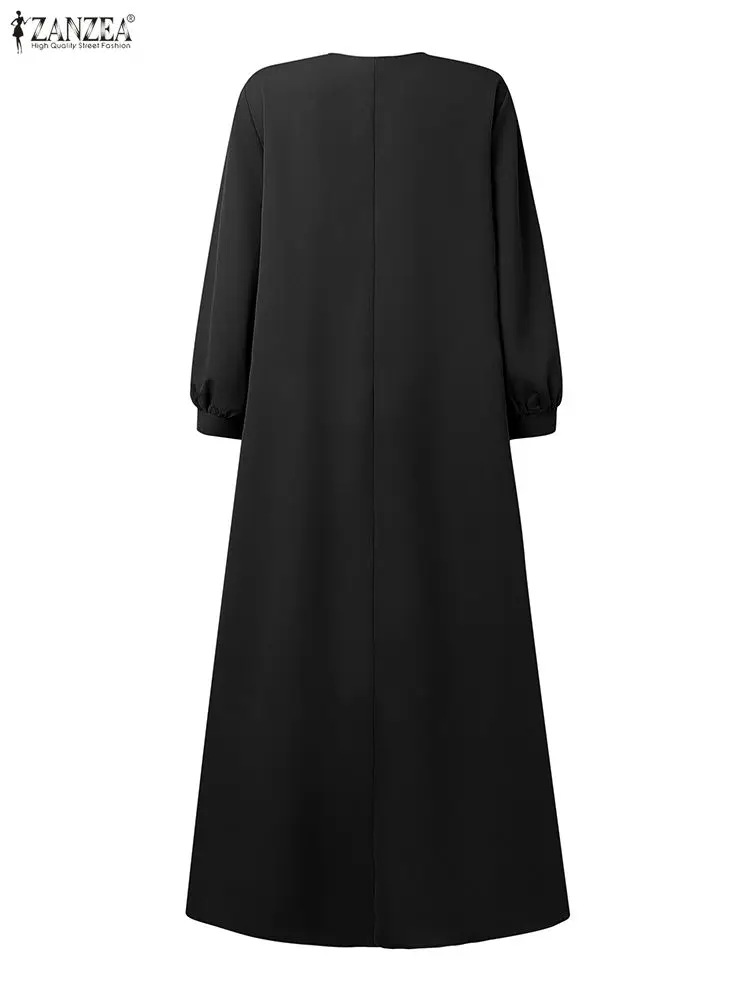 2025ZANZEA Stijlvolle Herfst V-hals Lange Lantaarn Mouw Jurk Vrouwen Maxi Jurken Elegante Effen Lange Gewaad Casual Losse Zonnejurk