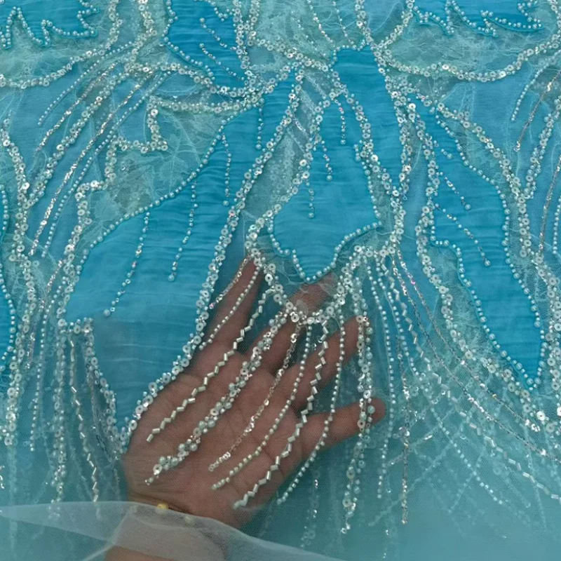 

Elegant Nigeria High Quality African Sequins Tulle Lace Fabric Floral Embroidery Wedding Party Guipure Dress Beads 5Yards