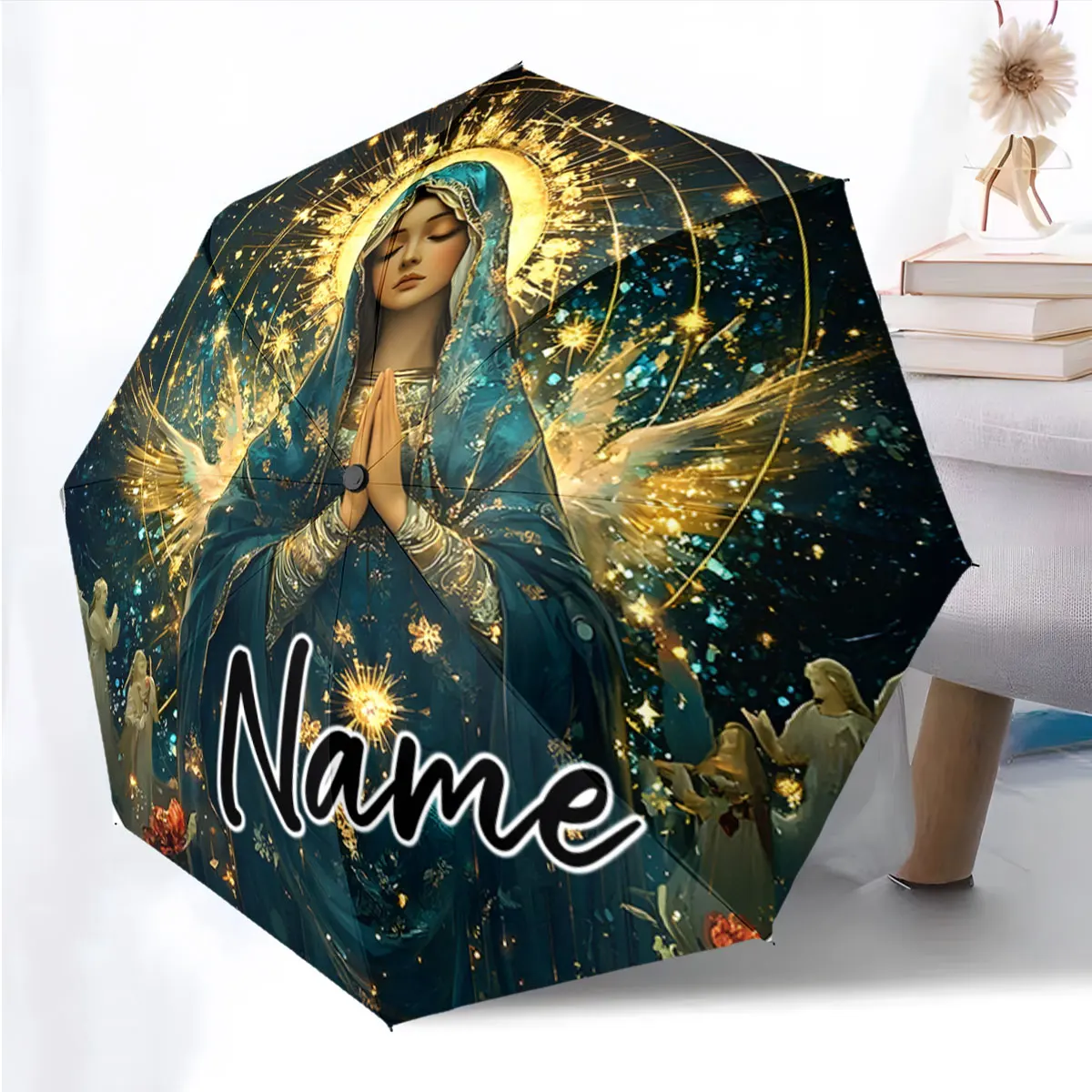 Custom Name Elegant Artistic Umbrella with a Holy Design Print 8 Iron Ribs Folding Umbrella Auto-Open Fashion Sunshade