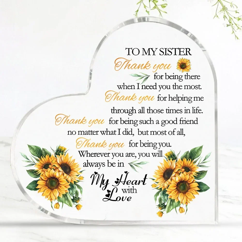 Heart Acrylic Plaque To My Sister Sunflower Floral Sister Gift Desk Decor,Watercolor Sunflower Acrylic Heart Stand Gift For Sister Birthday Holiday