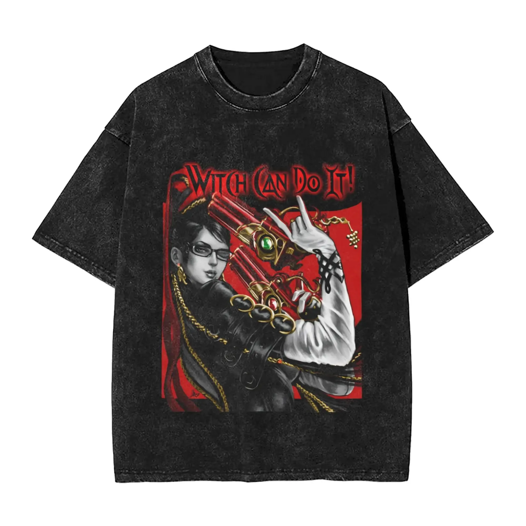 Custom Top Hot Sale Bayonetta Game Character Graphic Print T-Shirt Women Men Retro Washed Cotton Summer Harajuku Fashion Tee