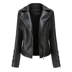 Abrigo de cuero de punto para mujer, chaqueta informal con cremallera para motocicleta, novedad de 2024