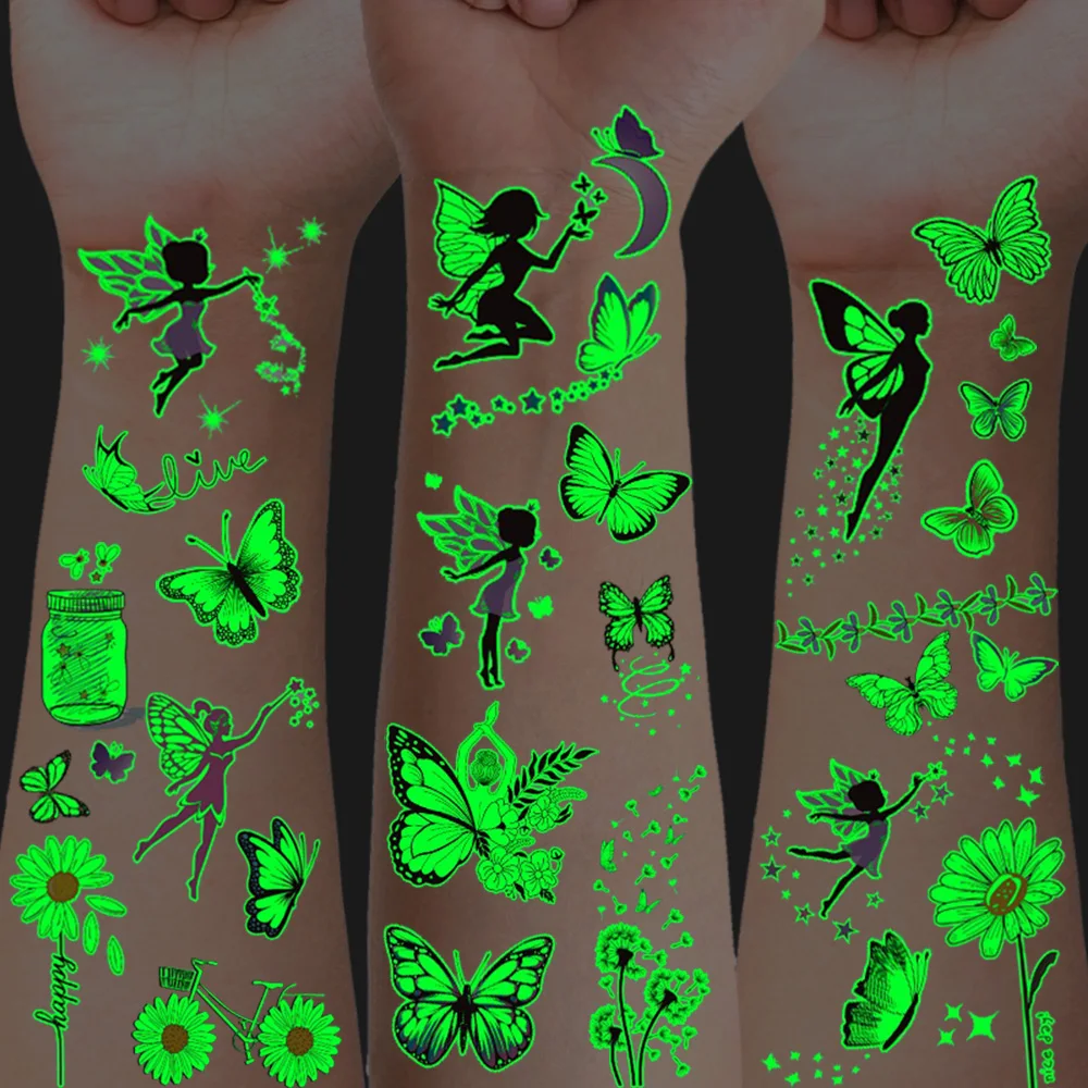 12 Sheets Luminous Butterfly Flower Fairy Daisy Temporary Tattoos, Music Festival Nightclub Birthday Party Supply, Xmas Eve Gift
