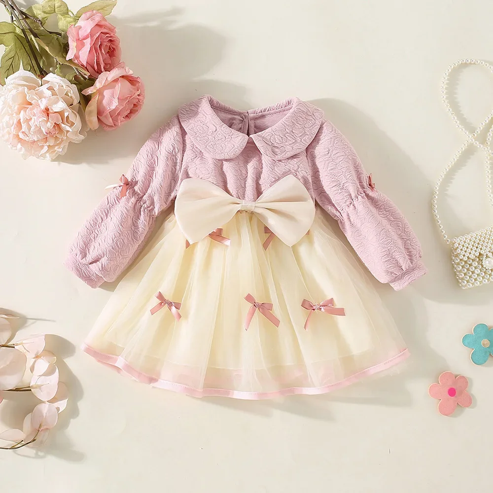 (0-3 Years Old) Autumn/Winter New Girls\' Dress Lantern Sleeve Bow Four Big Ah Doll Collar Gauze Pleated Sweet Princess Dress