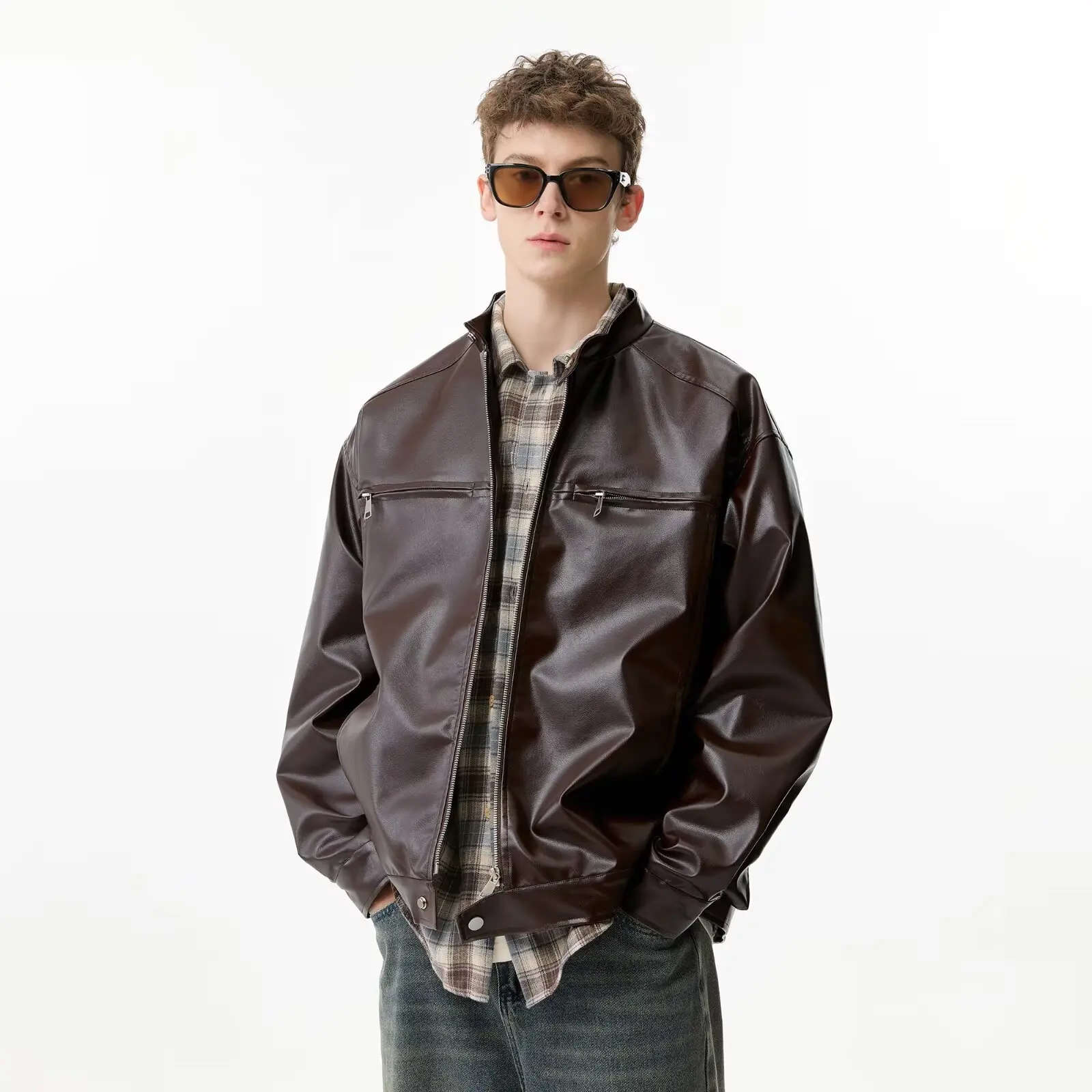 

Men's Retro Street Zipper Pu Leather Jacket, Vintage Leather Motorcycle Jacket, Windproof and Warm Jacket