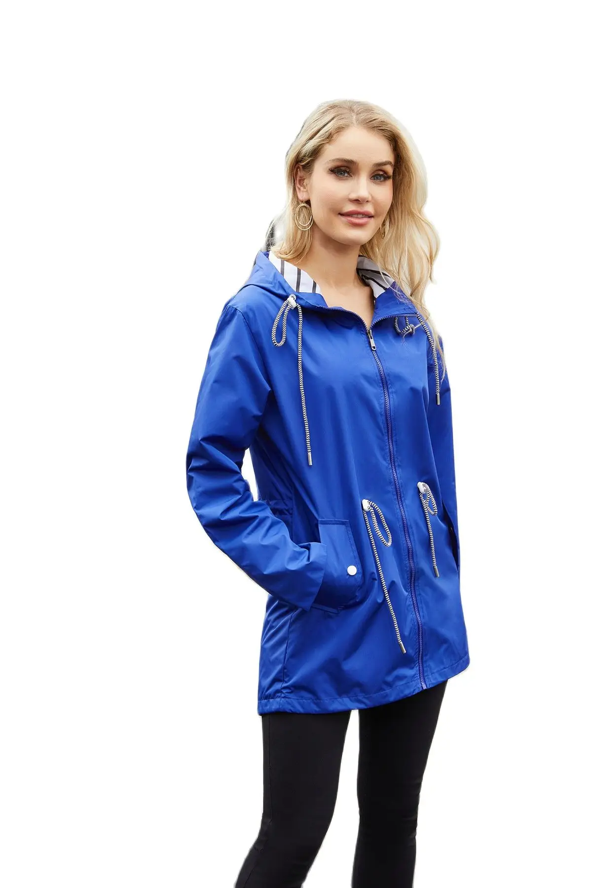 

2023 Europe Style New Long Sleeve Anti-Splash Long Windbreaker Women'S Solid Color Hooded Striped Raincoat Free Shipping